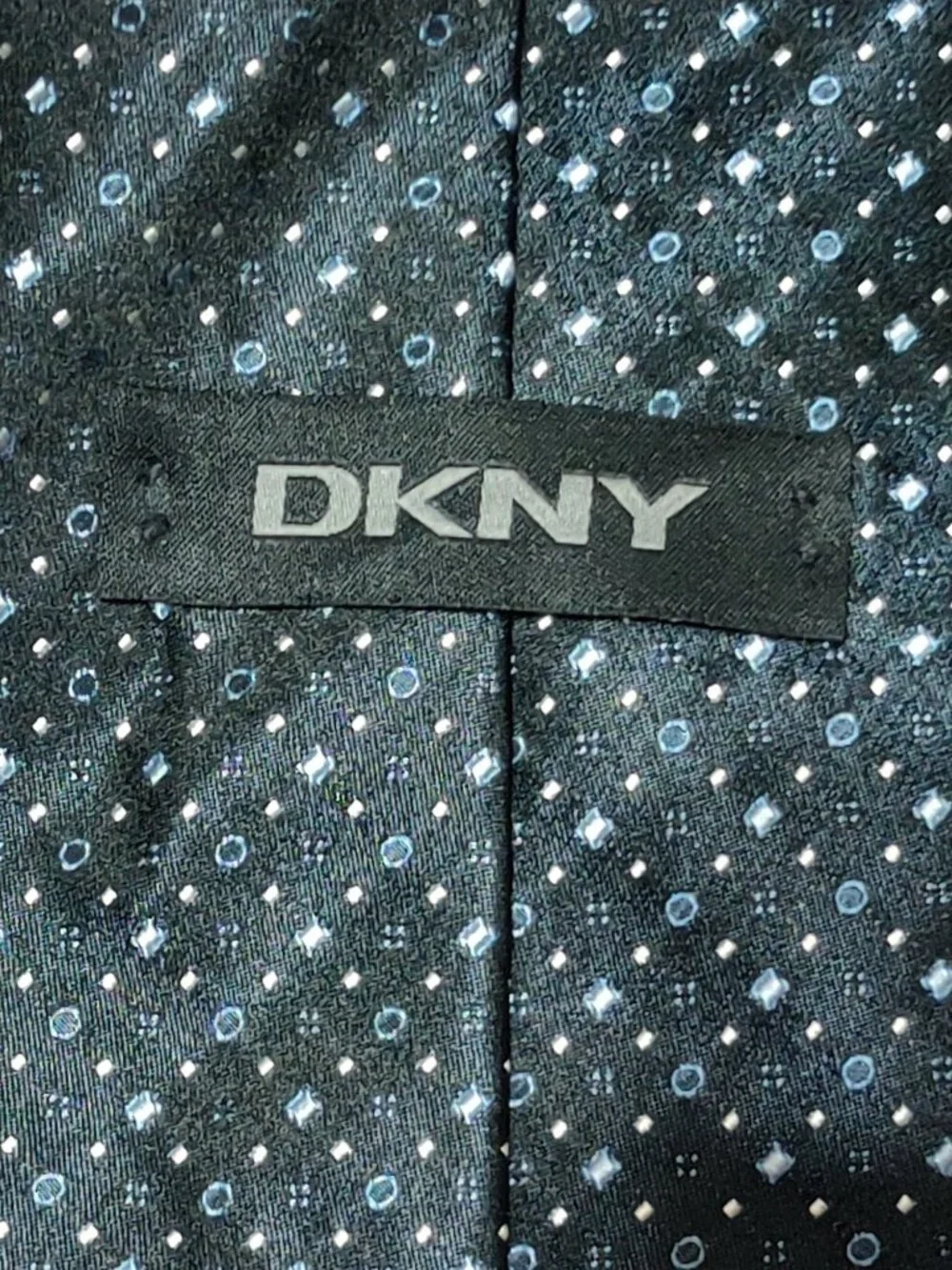 DKNY Necktie Vintage Black Blue White Geometric Pattern Made in USA 1990s Y2K